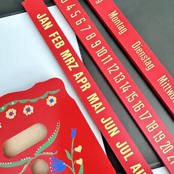 Vintage German Perpetual Sliding Wall Calendar WOOD Painted Red Kitschy - Picture 10 of 13